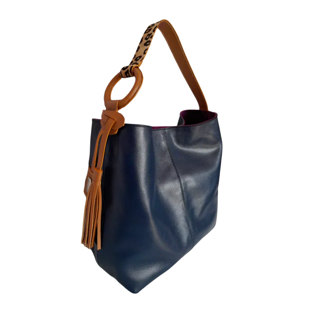 Borsa a mano in pelle blu scuro da donna