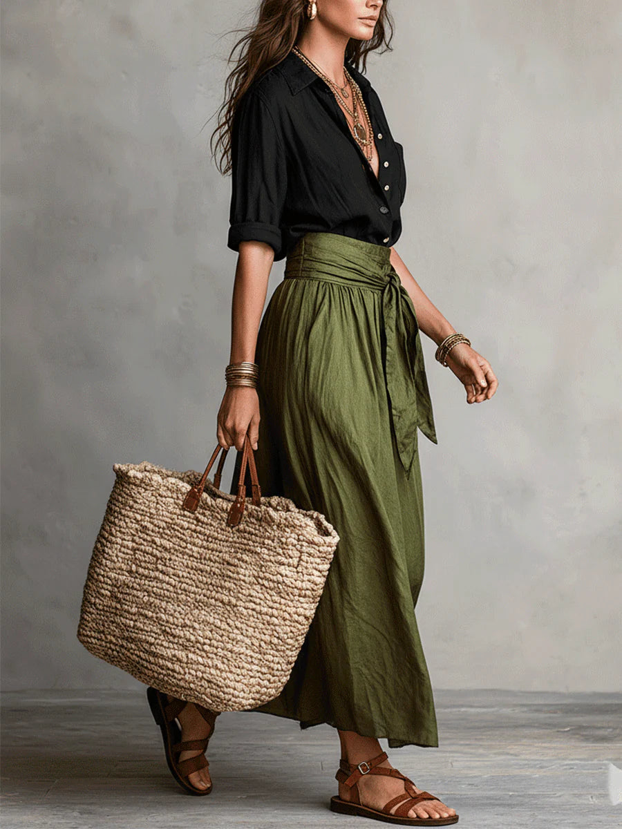 Vera – Set di due pezzi: camicia nera e gonna midi verde oliva