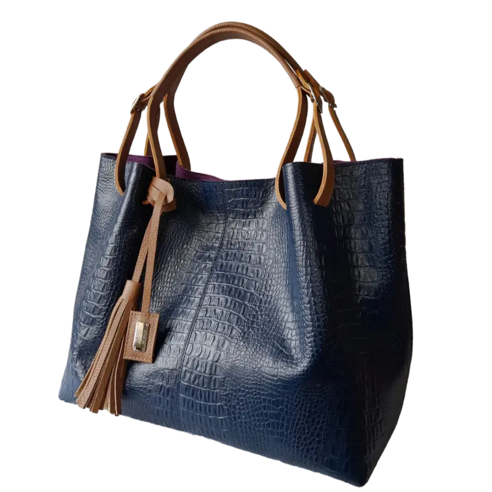Borsa a mano in pelle per donna Adelle in blu scuro con design rettile