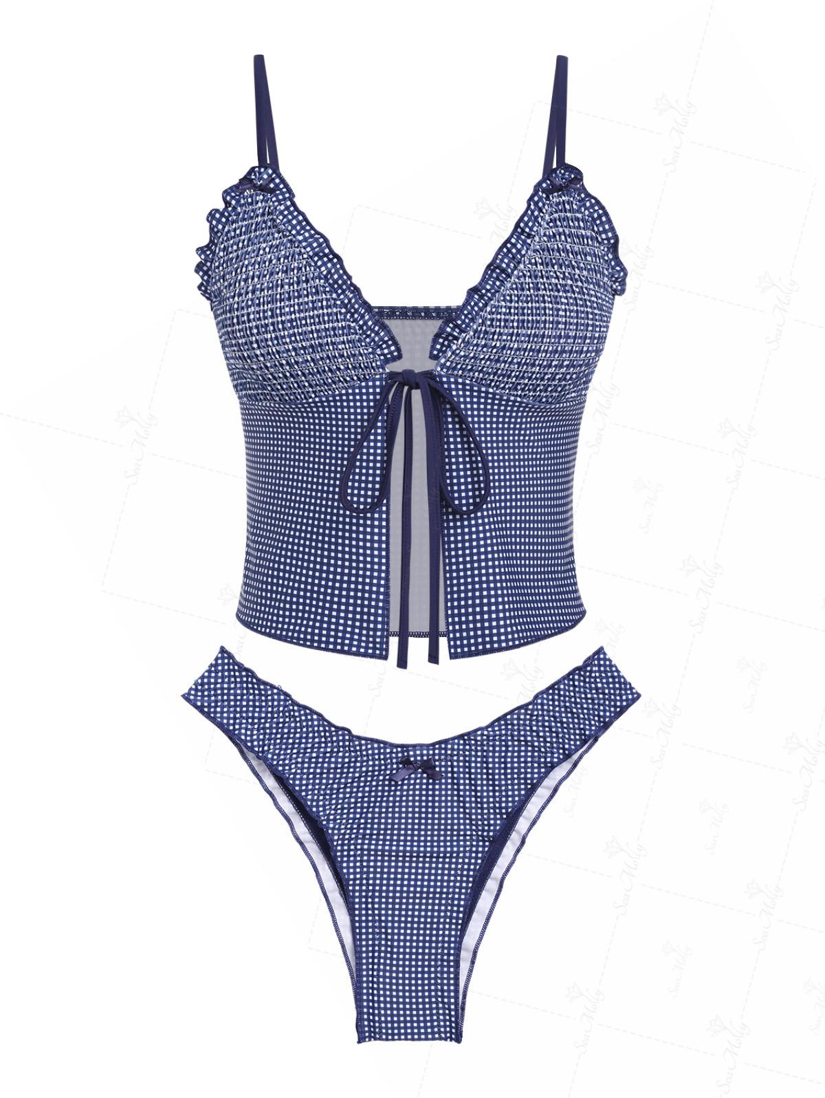 Alba | Bikini completo con volant a quadretti micro blu