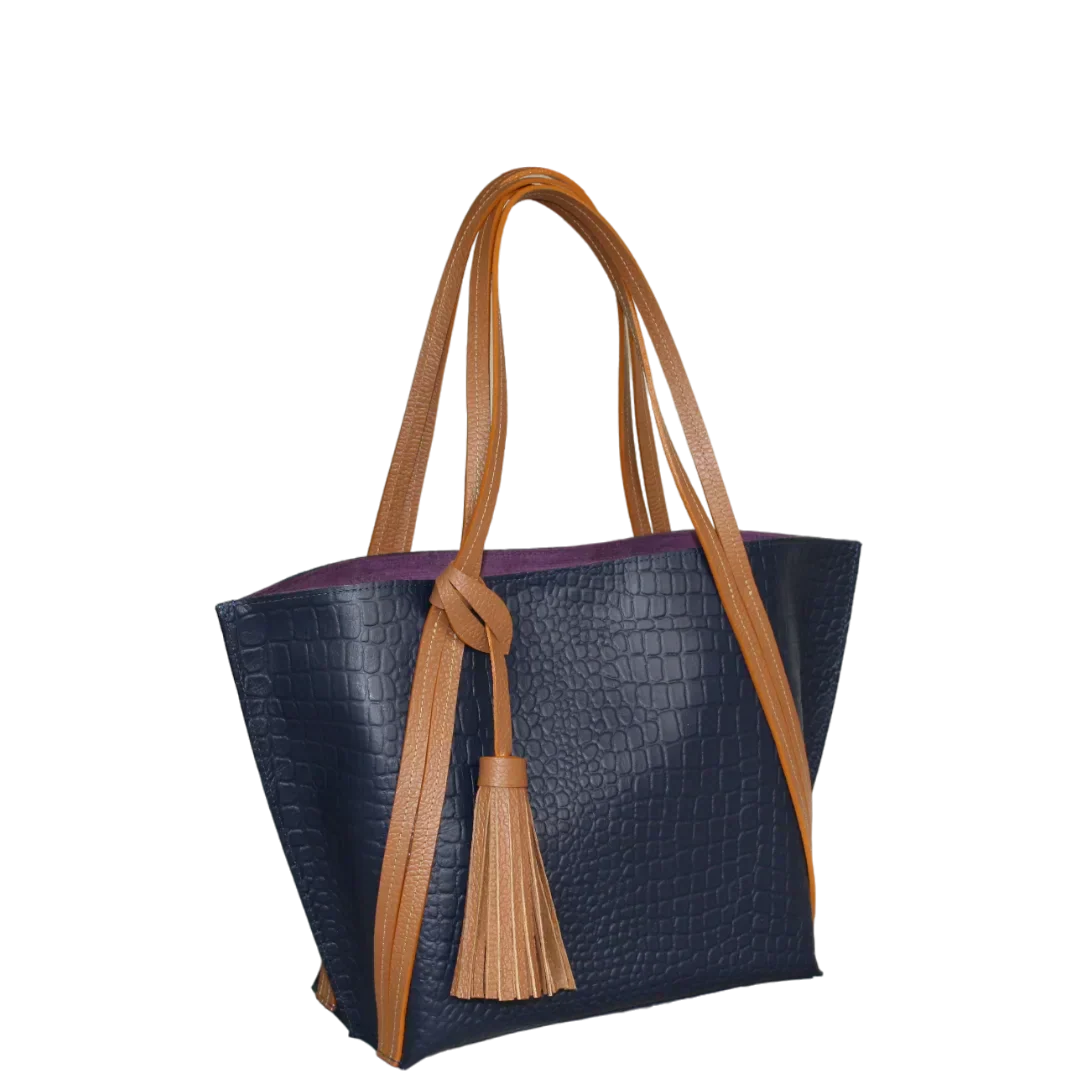 Borsa a mano in pelle da donna Eleonora in blu scuro con design a rettile