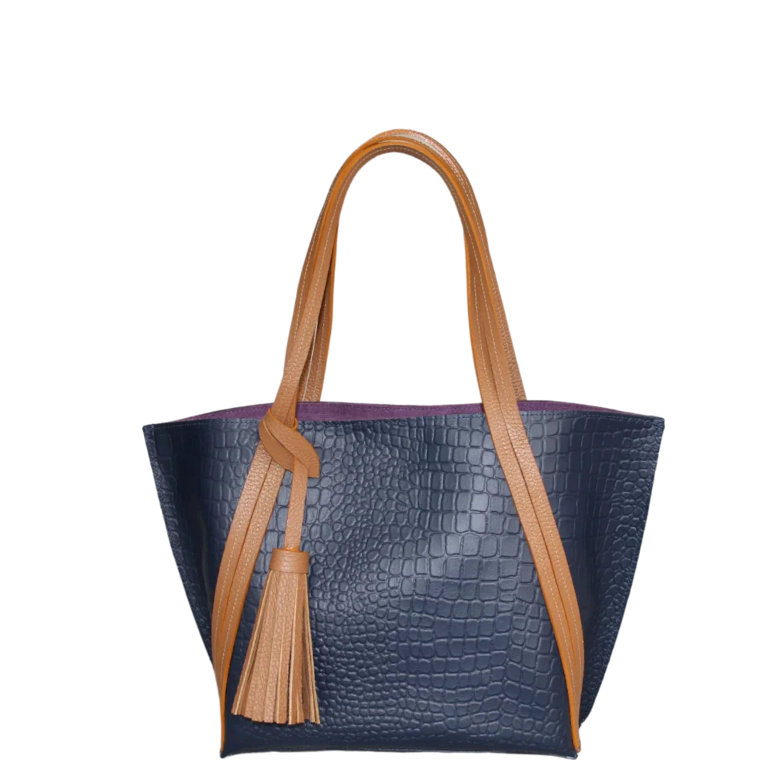 Borsa a mano in pelle da donna Eleonora in blu scuro con design a rettile