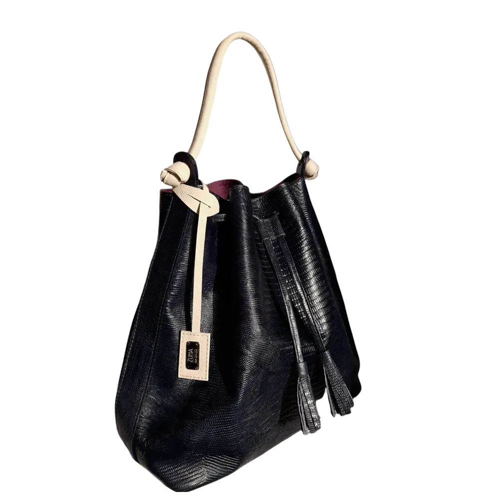 Borsa a mano in pelle nera da donna con design a squame di rettile verde giada