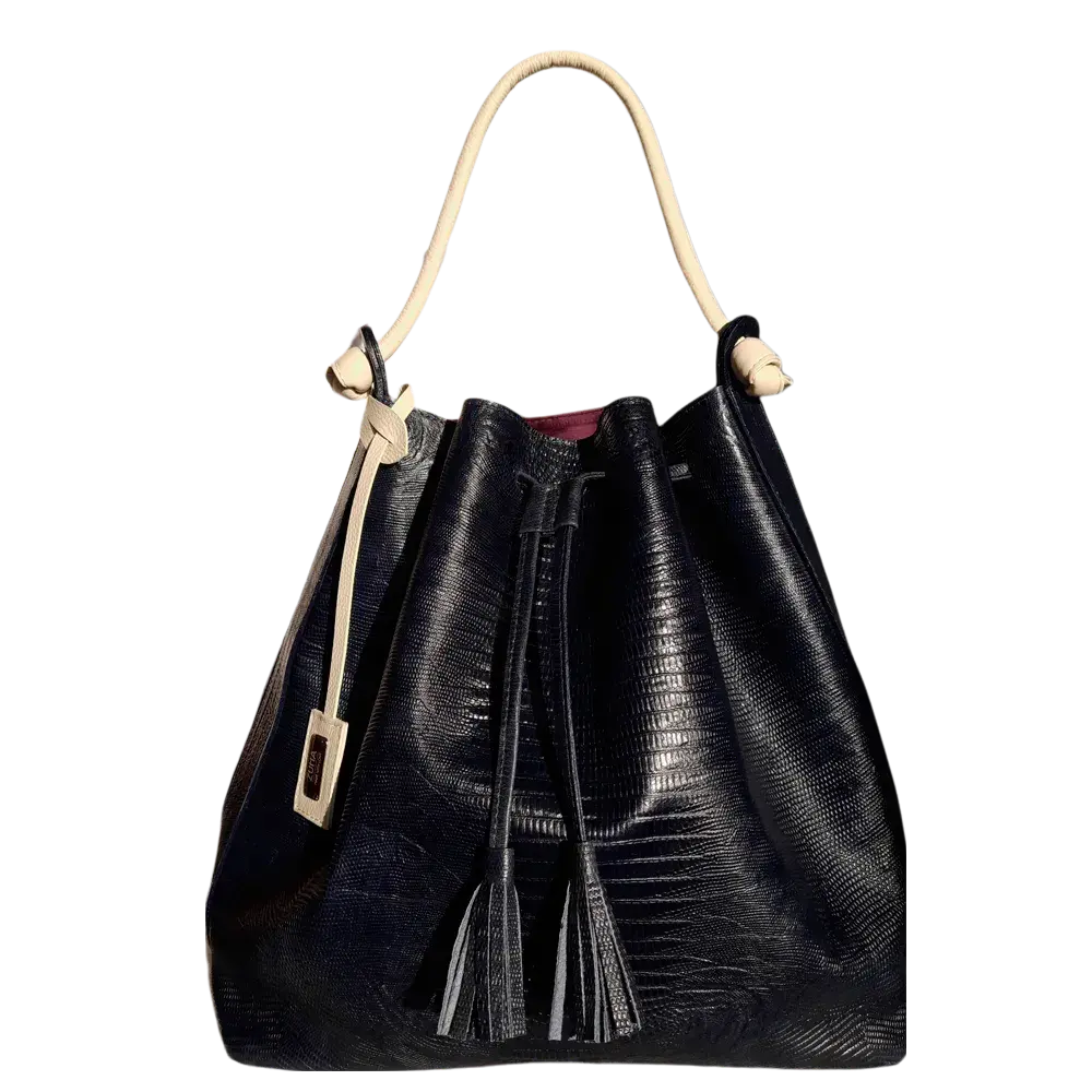 Borsa a mano in pelle nera per donne con design in rettile giada