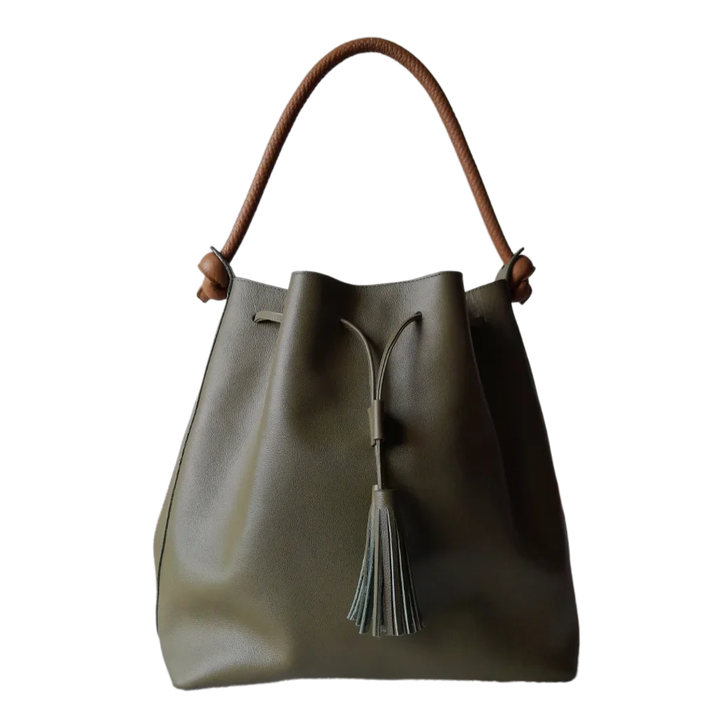 Borsa a mano in pelle verde oliva per signore