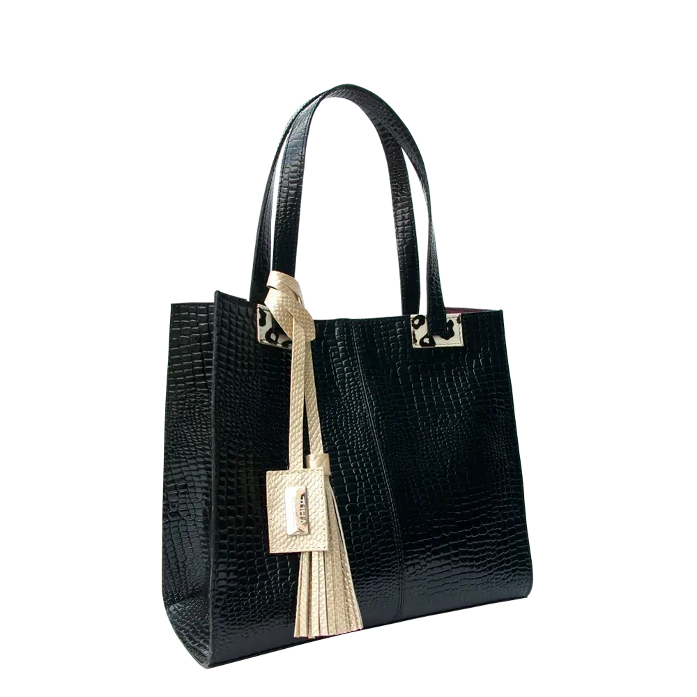 Borsa da donna Sara in pelle di rettile nera