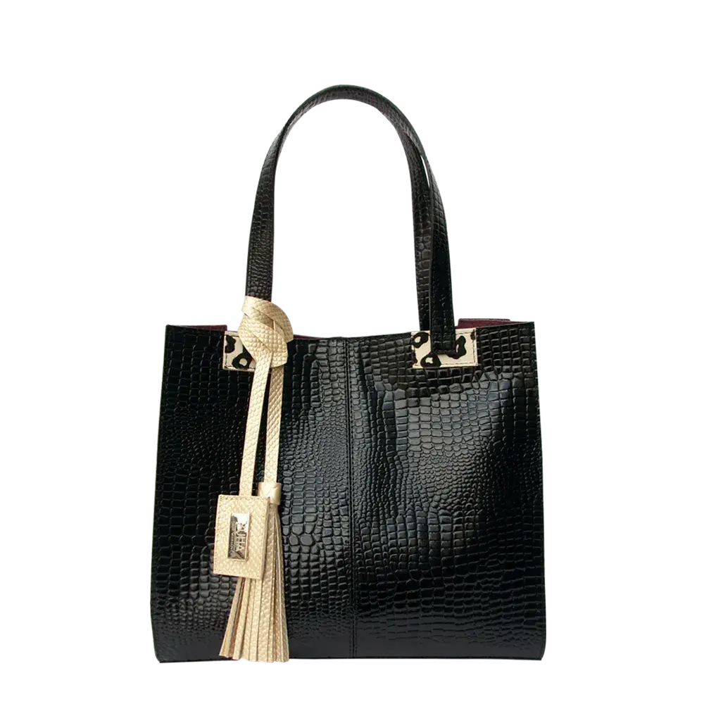 Borsa da donna Sara in pelle di rettile nera