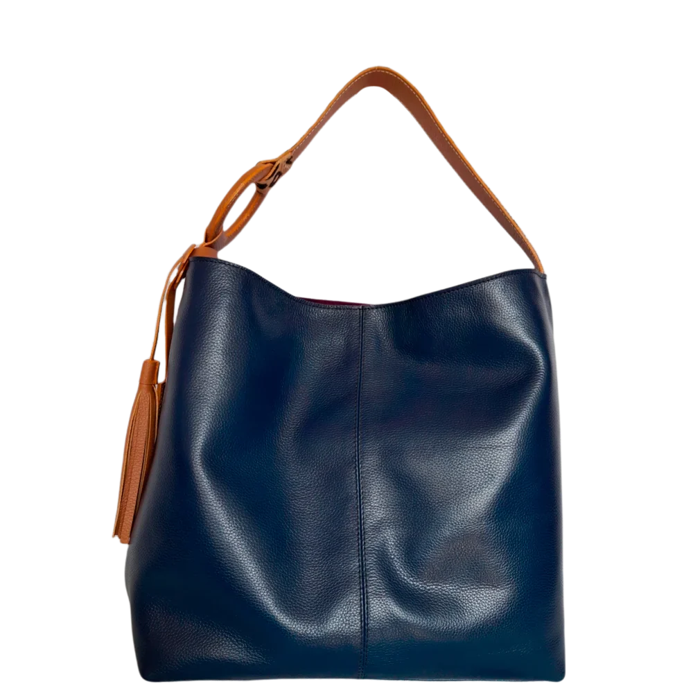 Borsa a mano in pelle blu scuro da donna