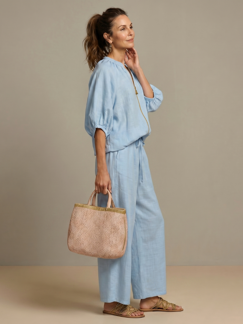 Natalia | Top Blouson con Zip e Pantaloni a Gamba Larga