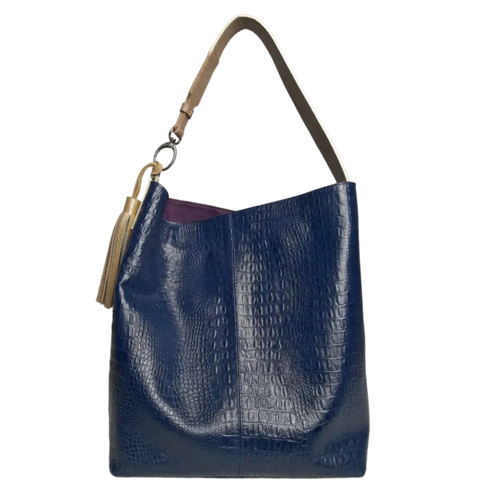 Borsa a mano da donna Serenity in pelle blu scuro con stampa rettile