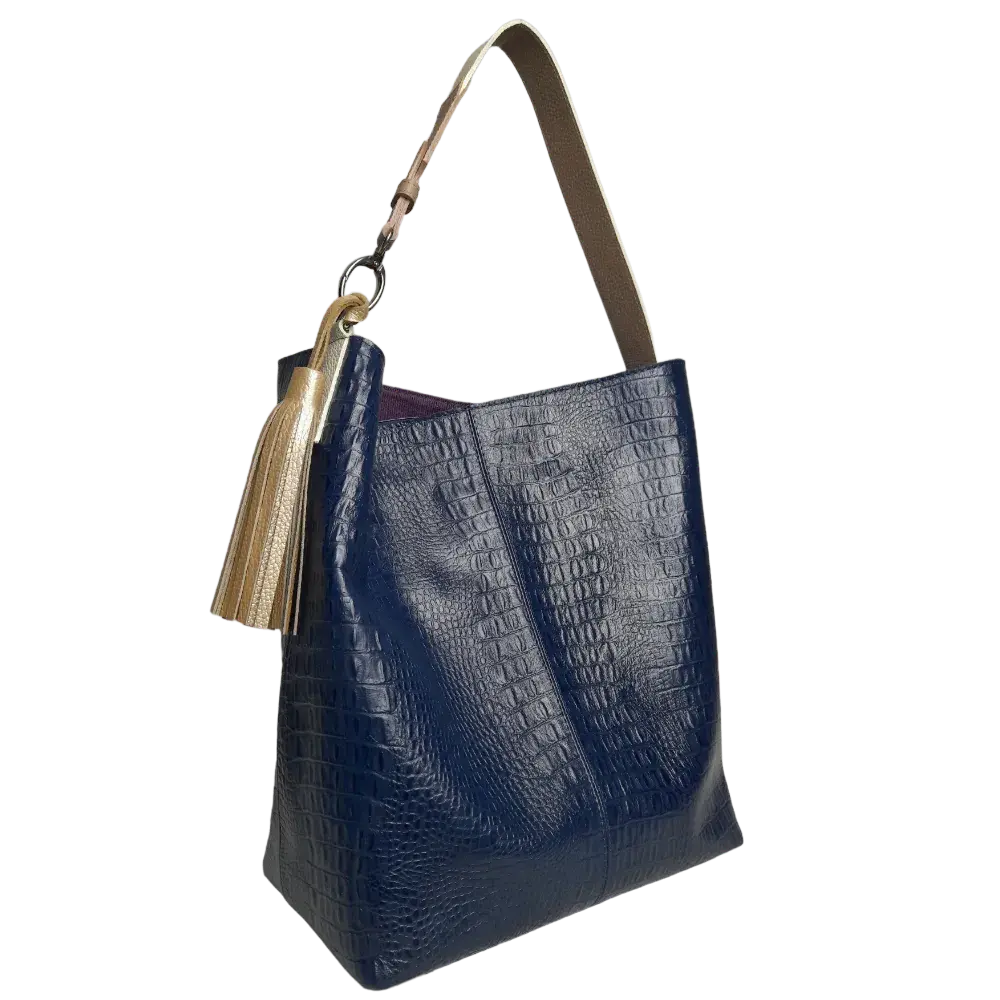 Borsa a mano da donna Serenity in pelle blu scuro con stampa rettile
