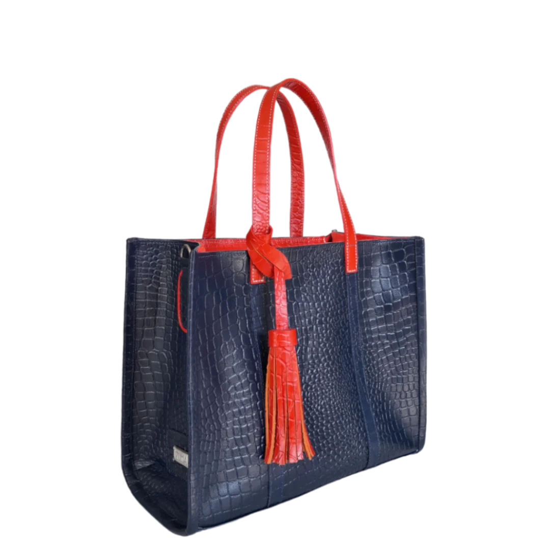 Borsa a mano da donna Greta in blu scuro con stampa rettile