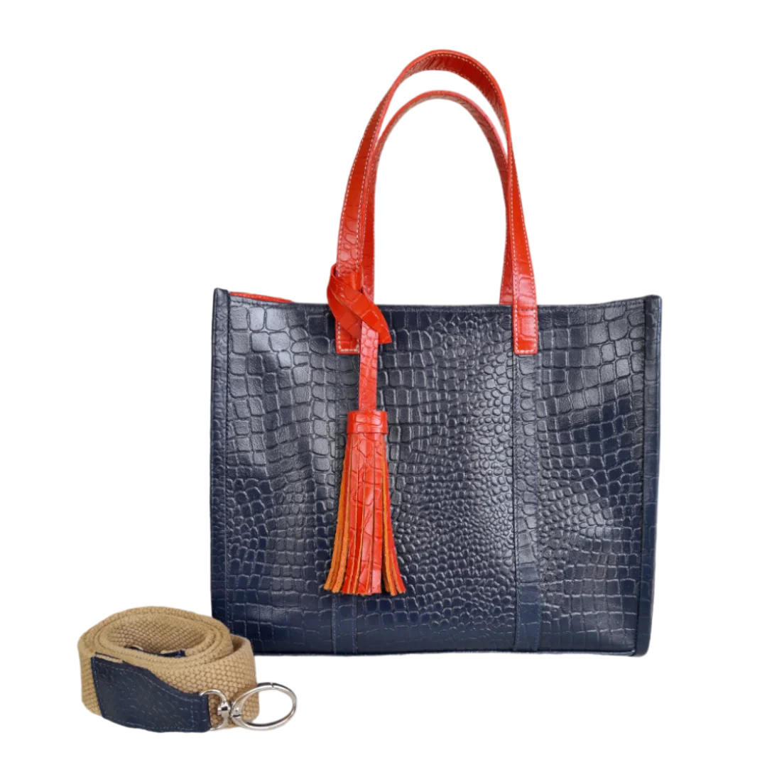 Borsa a mano da donna Greta in blu scuro con stampa rettile