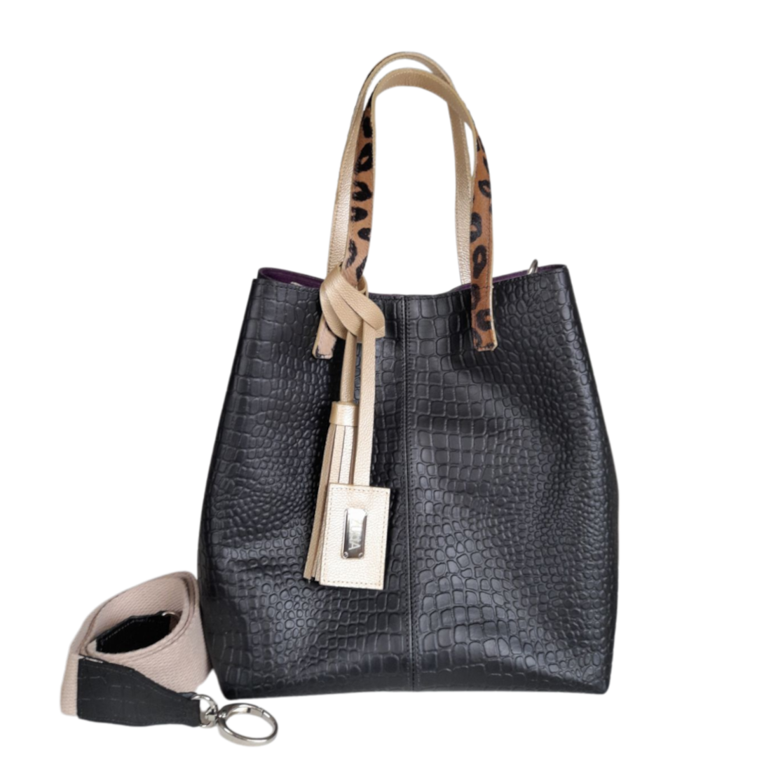 Borsa a mano in pelle nera Giulia Rettil da donna