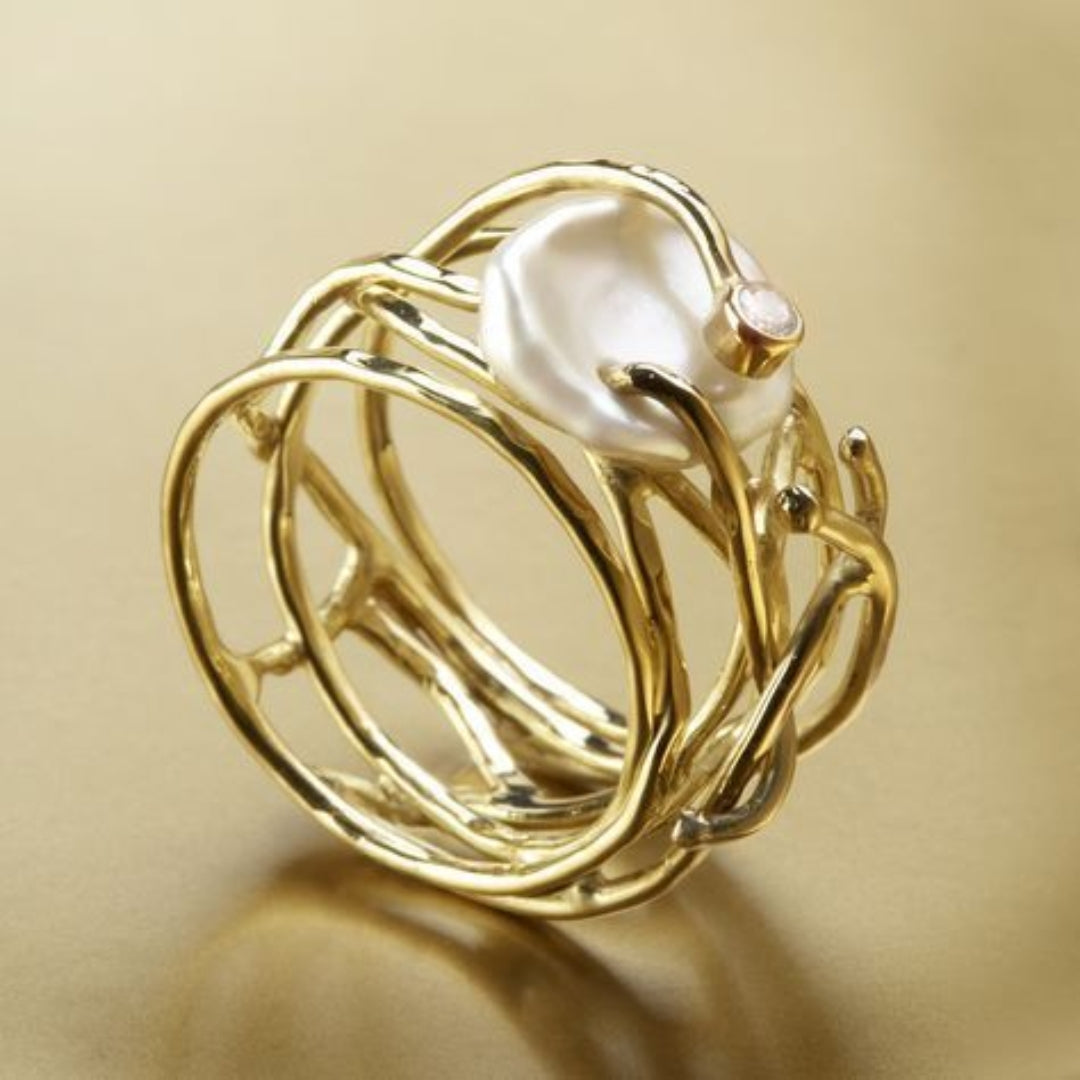 SAMIRA | Anello sottile dorato con perle