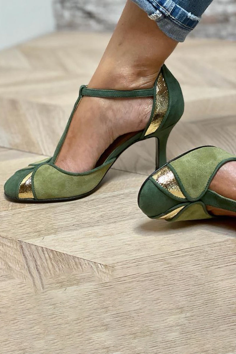 Taviana | Scarpe con tacco patchwork con cinturino a T e punta chiusa