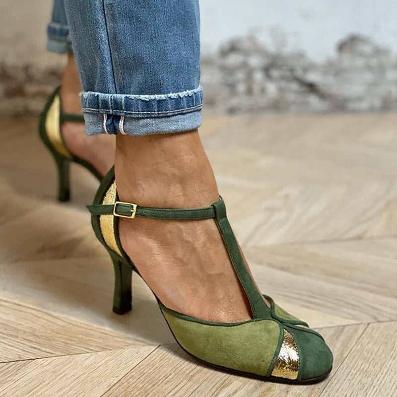 Taviana | Scarpe con tacco patchwork con cinturino a T e punta chiusa