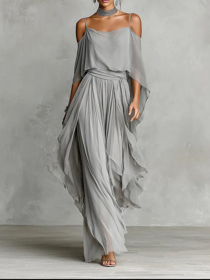 Isabela | Completo fluido grigio con top a spalla e pantaloni leggeri